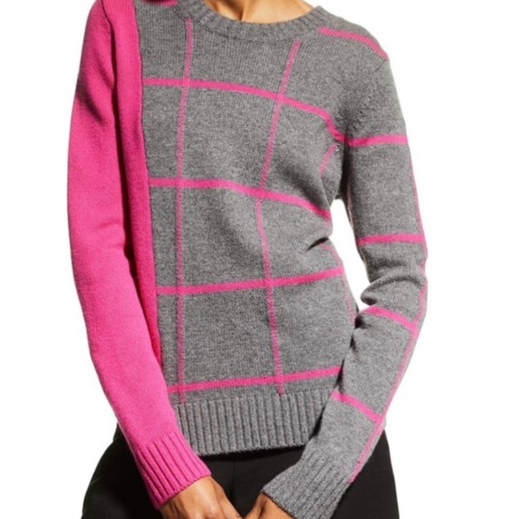 Milly Women’s Wool Cashmere Gray Pink WindowPane Pullover Crew Sweater S  NWOT - Picture 1 of 12